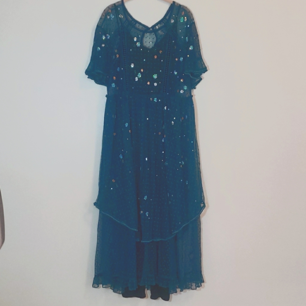 Anthropologie teal maxi dress sequins lace